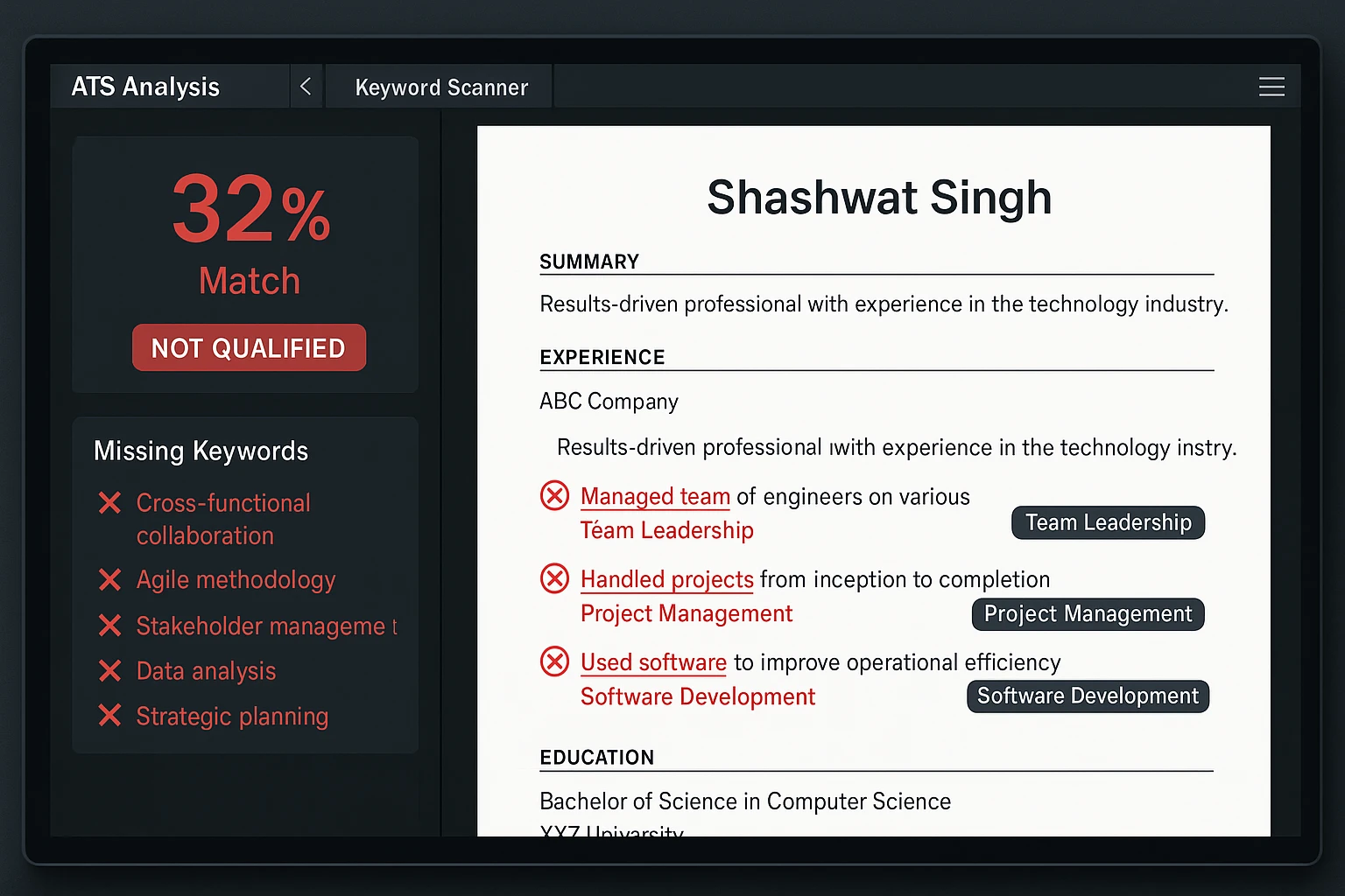 ATS scanner highlighting missing keywords
